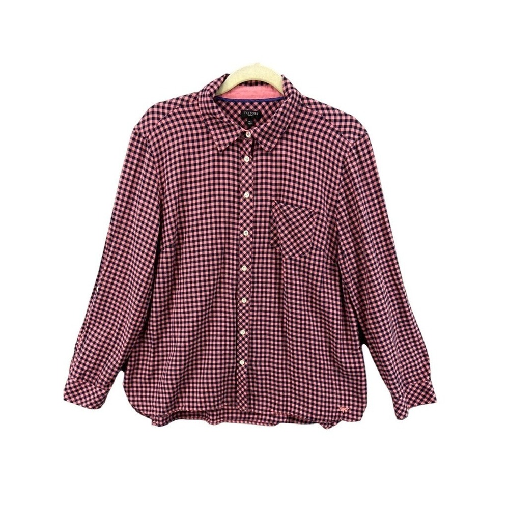 Talbots Shirt Womens Sz XLP Gingham Button‎ Down Pink Navy Roll Tab Sleeve